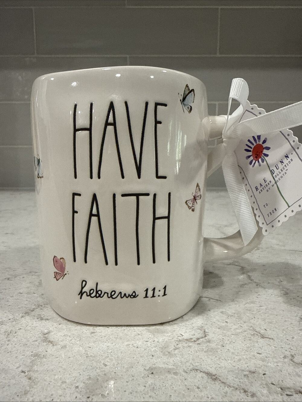 Rae Dunn HAVE FAITH Hebrews 11:1 Bible Verse 19oz Mug BUTTERFLIES Butterfly NEW